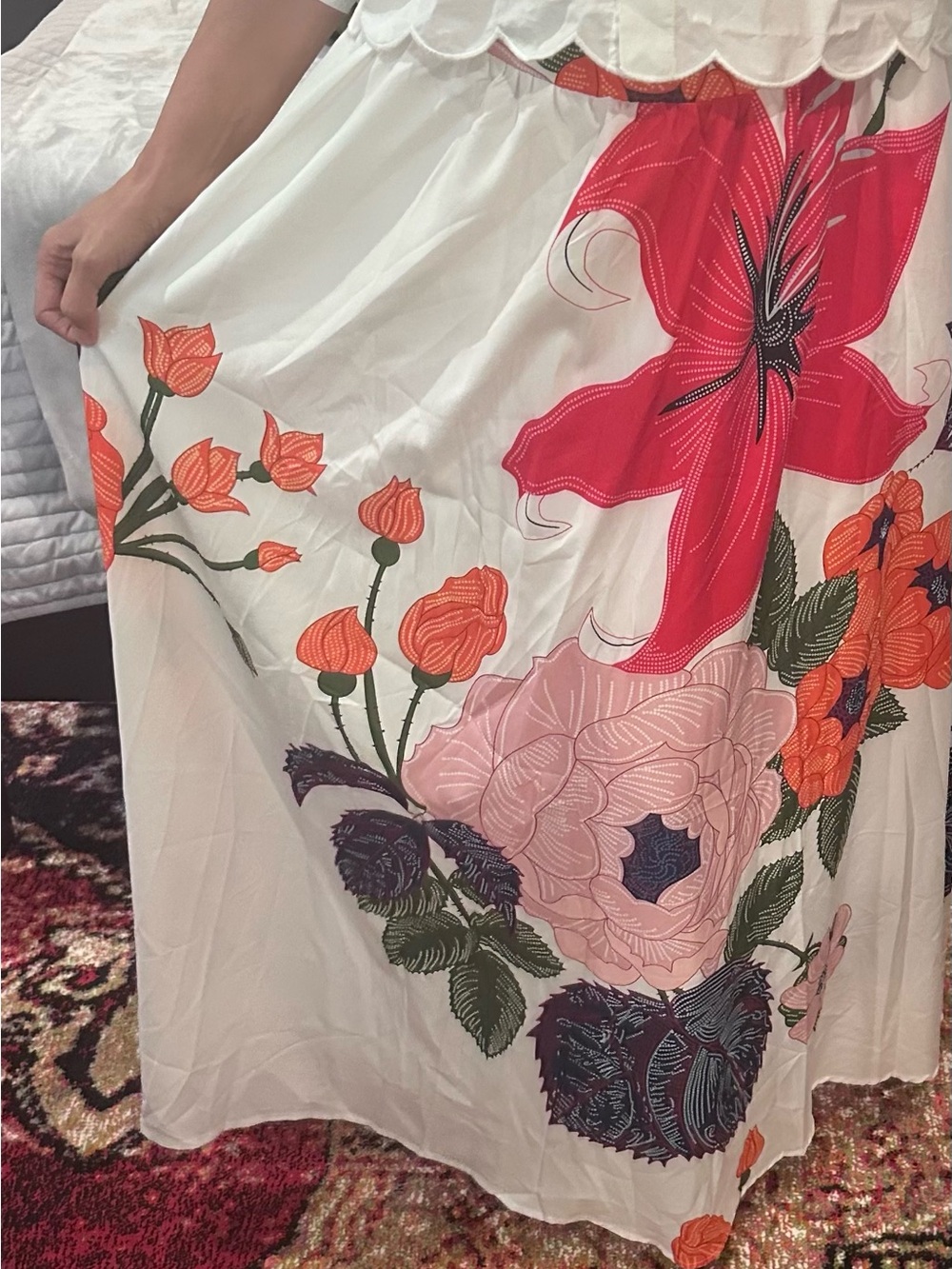 White Floral Maxi Skirt with Bold Pink & Orange Blooms